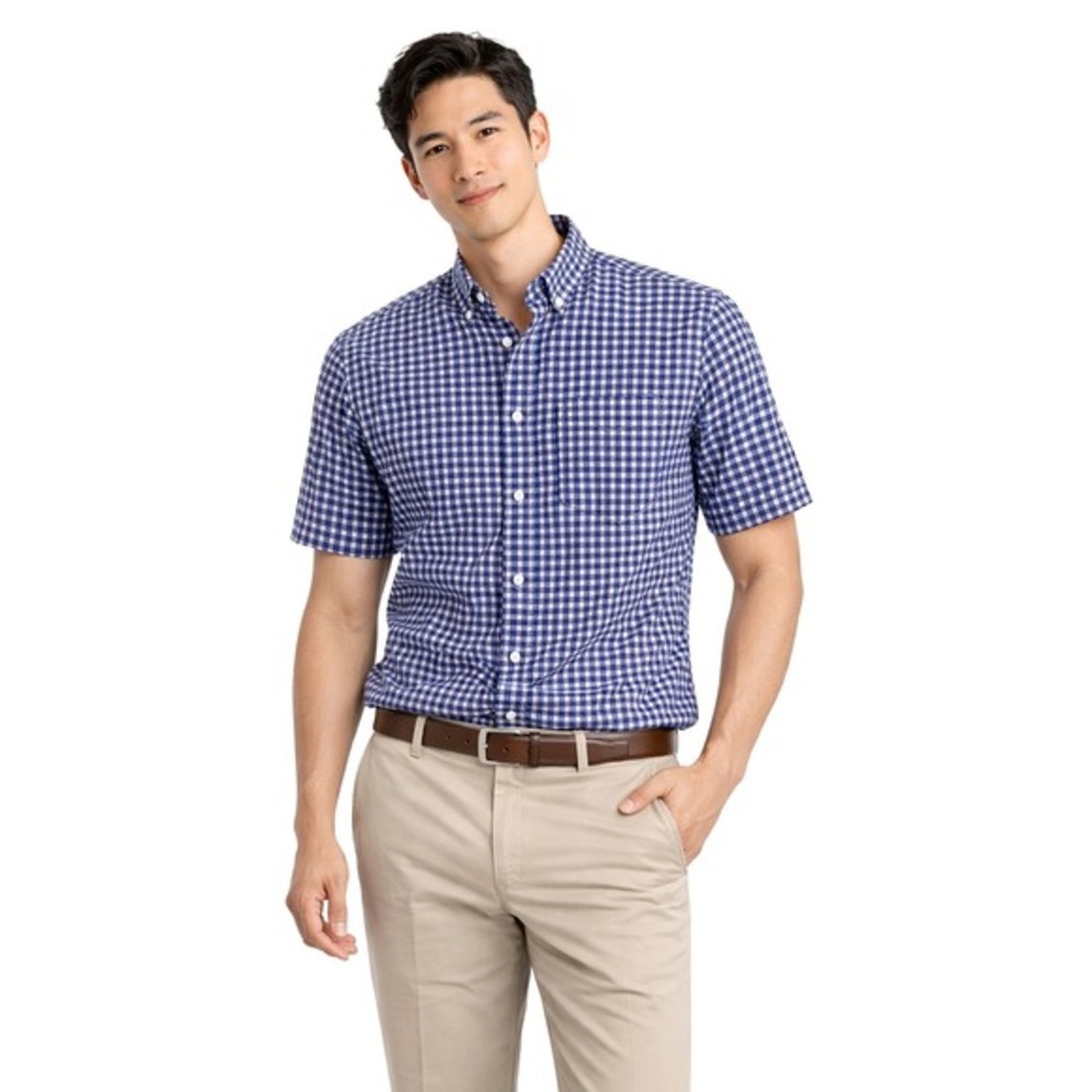 Murano Performance Slim Fit Gingham Short Sleeve Button Down Shirt Navy XL 88-44